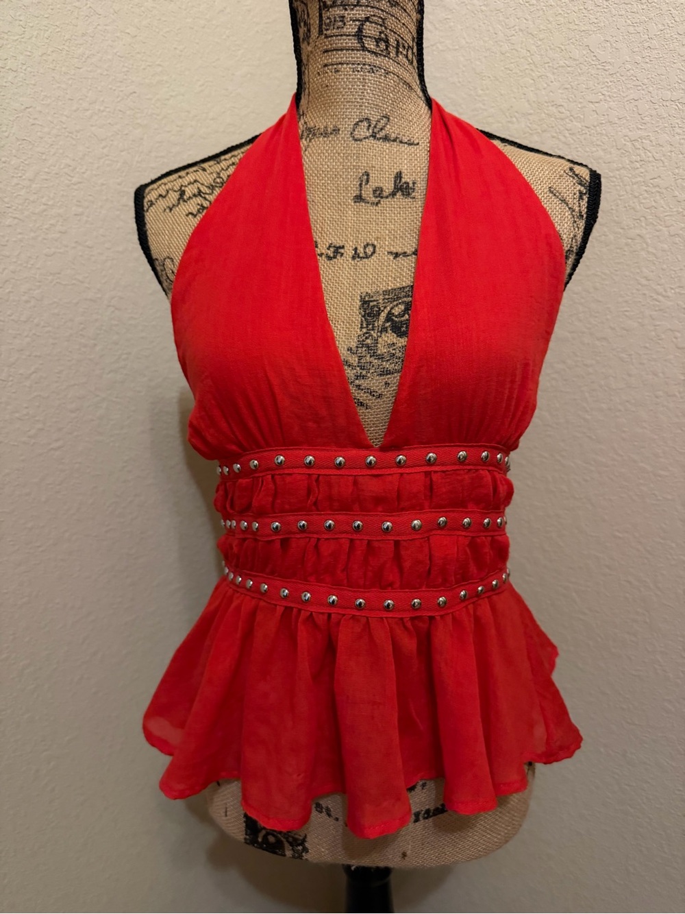 Red Studded Halter Peplum Camisole